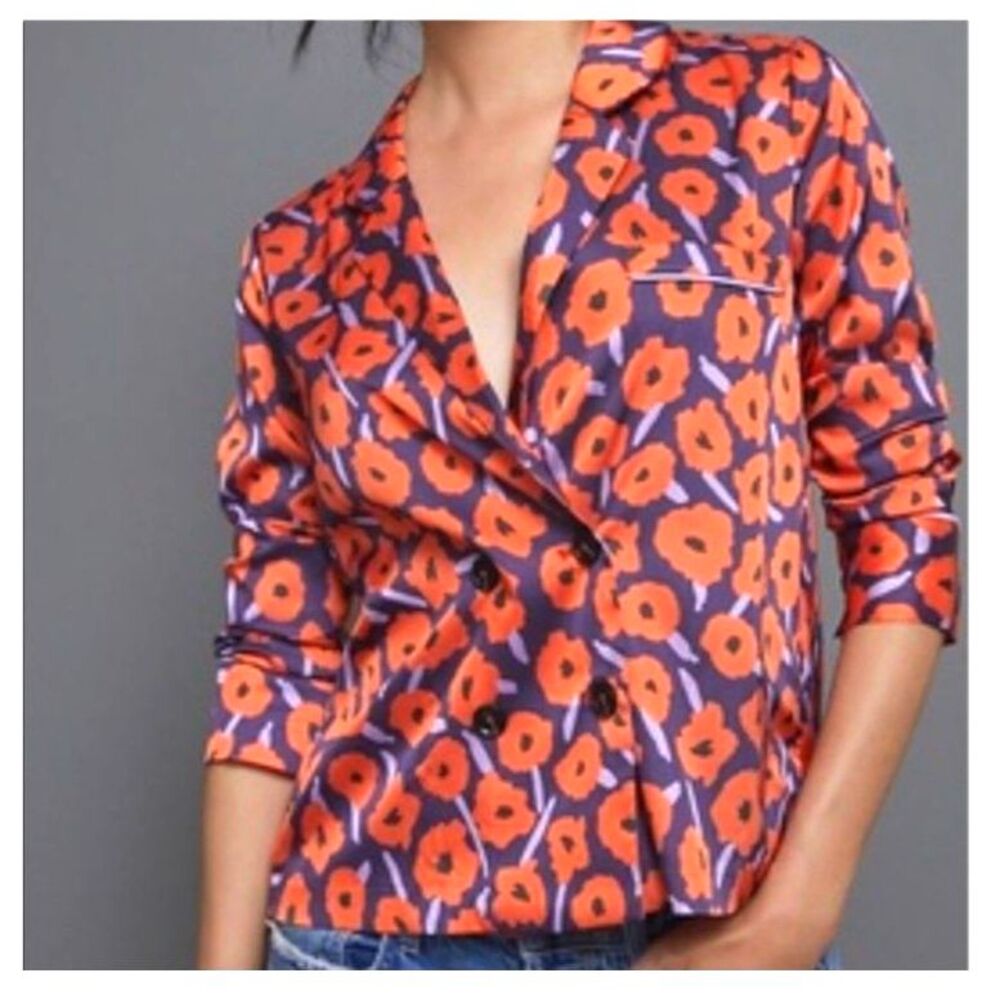 Hutch Lorraine Floral Poppy Top Orange Double Breasted Pajama Blazer Blouse M